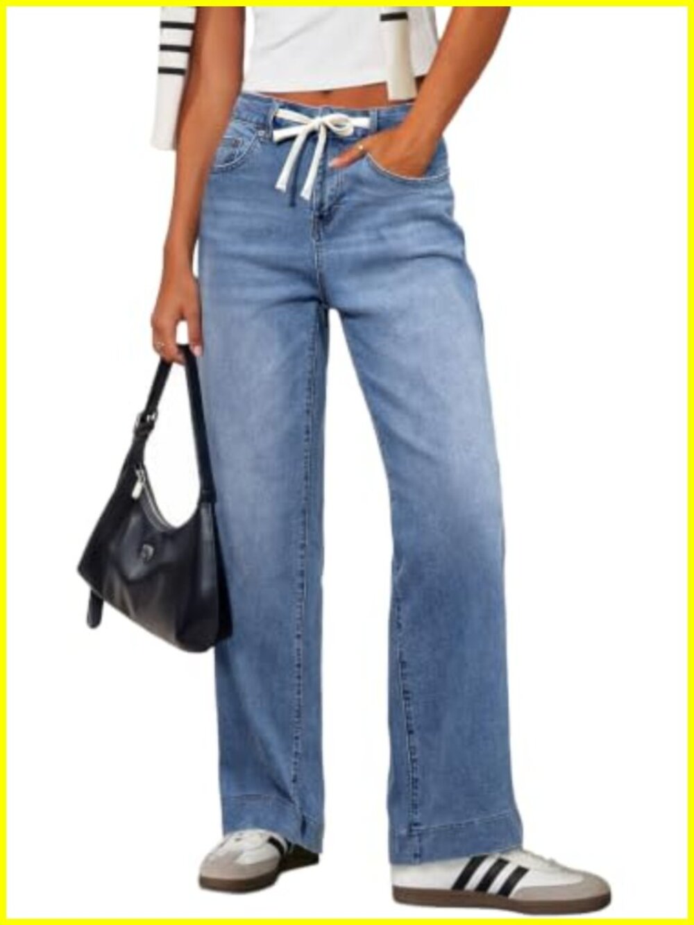 High Waisted Wide Leg Jeans Drawstring Stretch Denim Pants